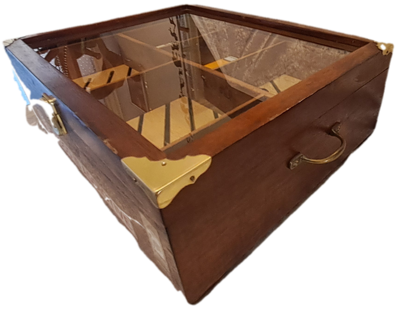 Large Vintage Wood Cigar Display Case from the Tobacco Co. with 16 Cigars and 2 cutters.