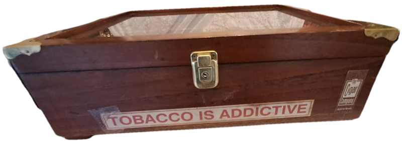 Large Vintage Wood Cigar Display Case from the Tobacco Co. with 16 Cigars and 2 cutters.