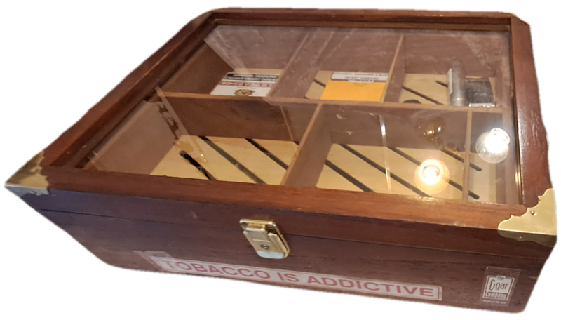 Large Vintage Wood Cigar Display Case from the Tobacco Co. with 16 Cigars and 2 cutters.