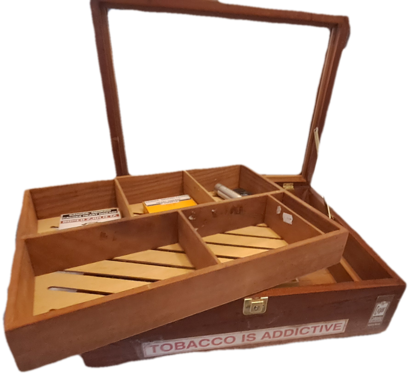 Large Vintage Wood Cigar Display Case from the Tobacco Co. with 16 Cigars and 2 cutters.