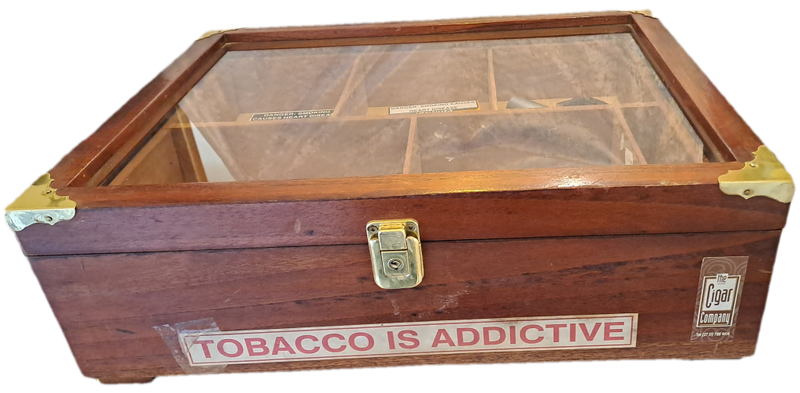 Large Vintage Wood Cigar Display Case from the Tobacco Co. with 16 Cigars and 2 cutters.