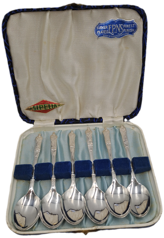 6 Vintage SIPELIA Sheffield England APOSTEL Silver Plate spoons -Boxed