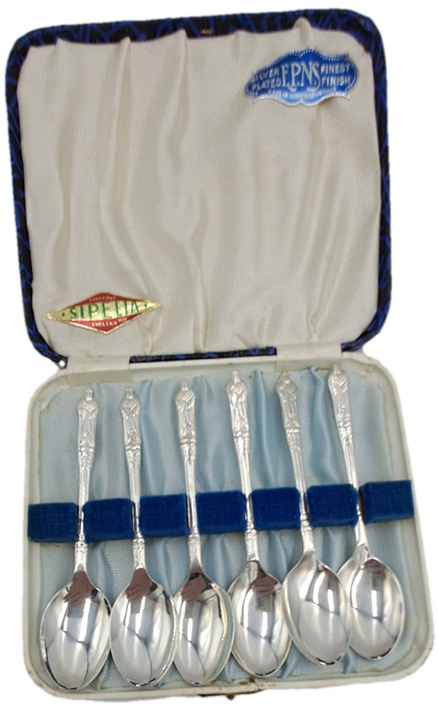 6 Vintage SIPELIA Sheffield England APOSTEL Silver Plate spoons -Boxed