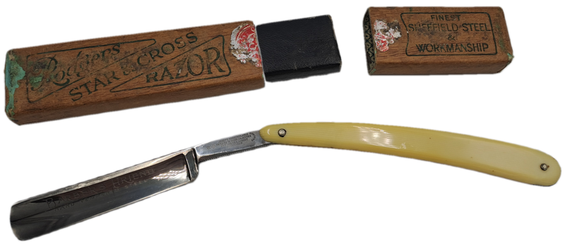 Vintage Joseph Rodgers Star & Cross Barbers Friend cut throat razor - made in Sheffield England