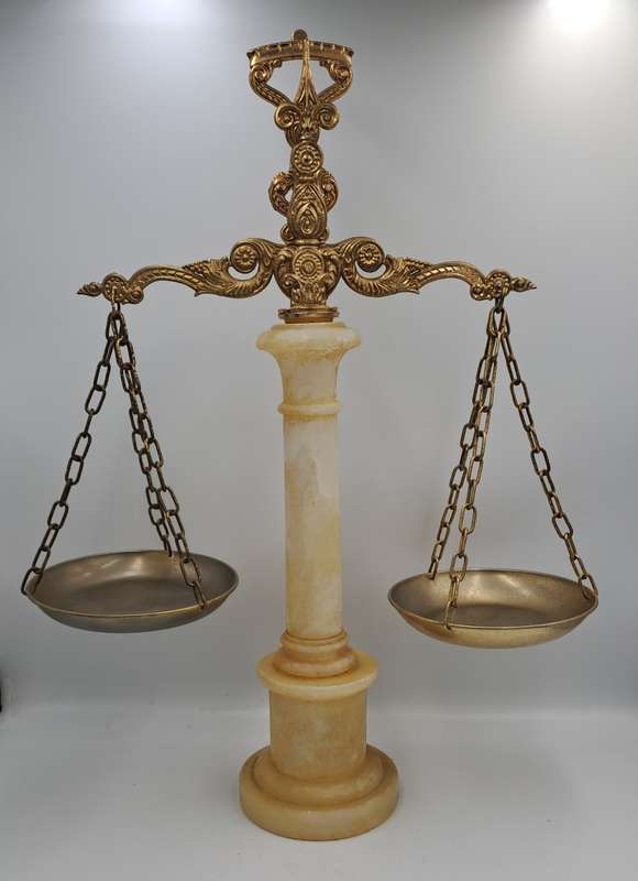 Large Vintage Marble and Brass Display Balancing scale "Scales of Justice" 52cm x 38cm