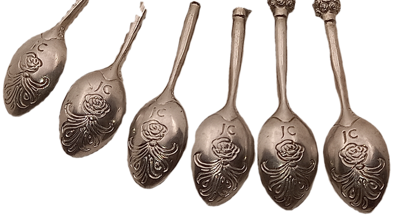 6 Collectable  JENNA CLIFFORD Pewter (500) Designer Detailed Spoons