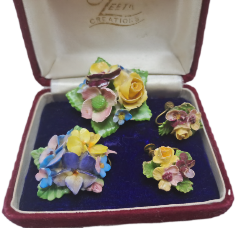 Vintage Denton Bone China Floral Brooch and Earrings with a Coalbrook Pendant(a few small chips)