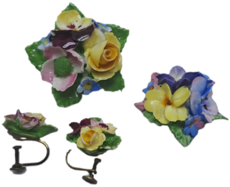 Vintage Denton Bone China Floral Brooch and Earrings with a Coalbrook Pendant(a few small chips)