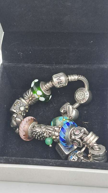 Pandora Charm Bracelet with 18 Charms  Sterling Silver and Gold- 1 Gold Heart and 1 Silver with Gold
