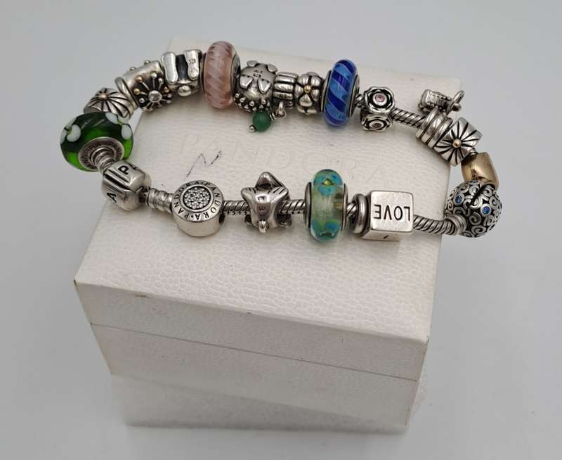 Pandora Charm Bracelet with 18 Charms  Sterling Silver and Gold- 1 Gold Heart and 1 Silver with Gold
