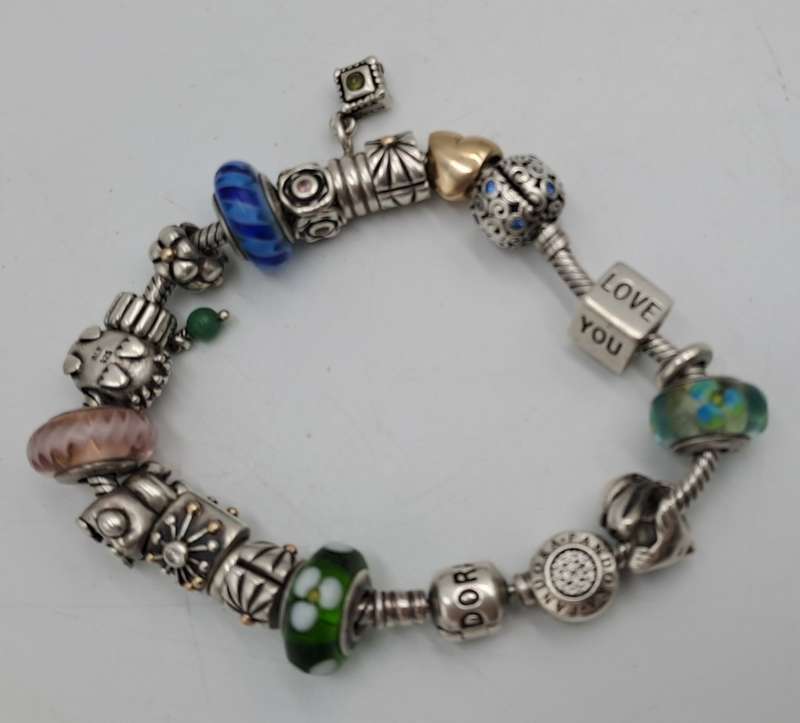 Pandora Charm Bracelet with 18 Charms  Sterling Silver and Gold- 1 Gold Heart and 1 Silver with Gold