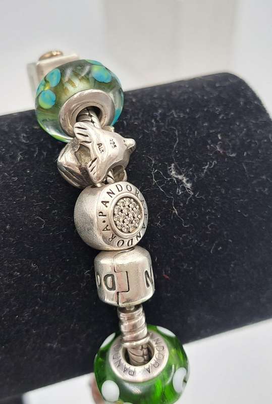 Pandora Charm Bracelet with 18 Charms  Sterling Silver and Gold- 1 Gold Heart and 1 Silver with Gold