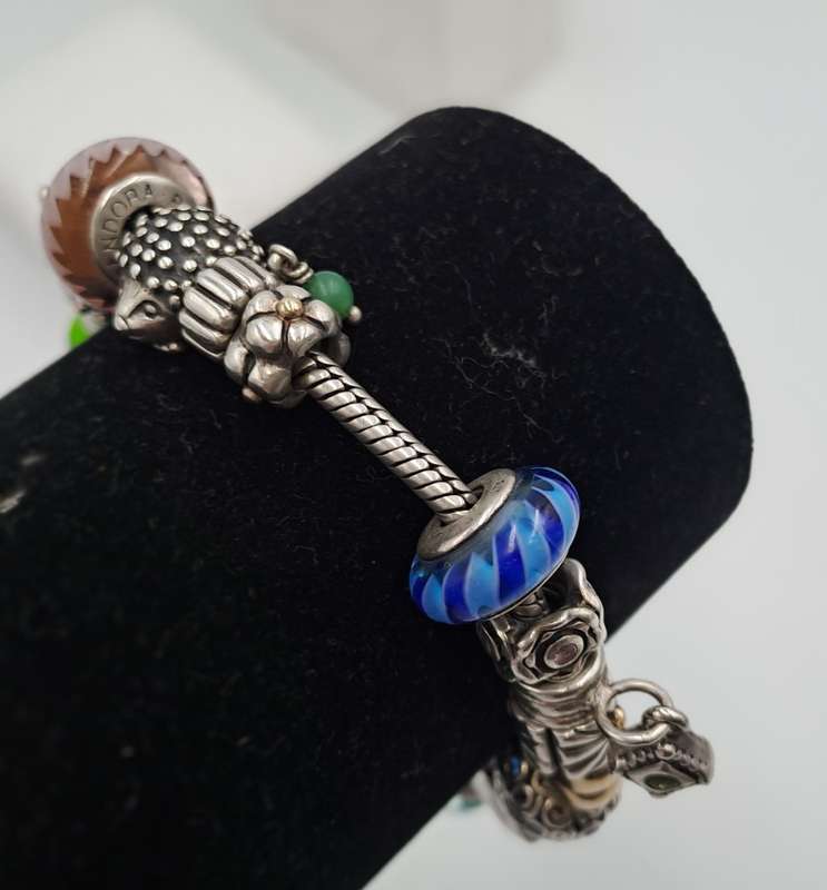 Pandora Charm Bracelet with 18 Charms  Sterling Silver and Gold- 1 Gold Heart and 1 Silver with Gold