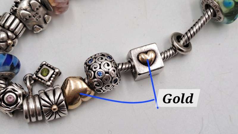 Pandora Charm Bracelet with 18 Charms  Sterling Silver and Gold- 1 Gold Heart and 1 Silver with Gold