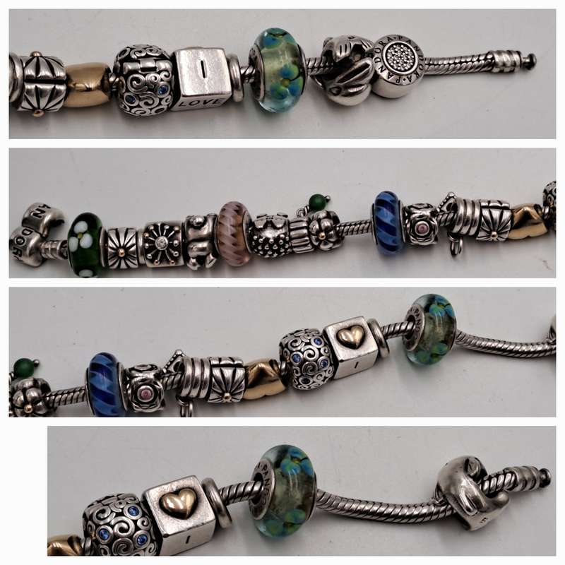 Pandora Charm Bracelet with 18 Charms  Sterling Silver and Gold- 1 Gold Heart and 1 Silver with Gold