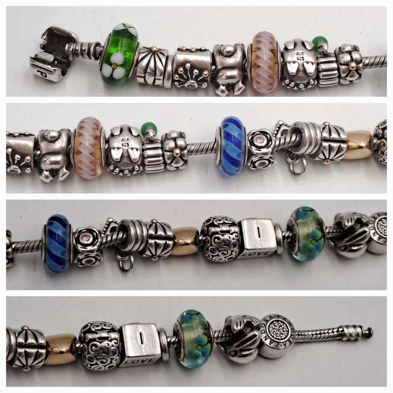 Pandora Charm Bracelet with 18 Charms  Sterling Silver and Gold- 1 Gold Heart and 1 Silver with Gold