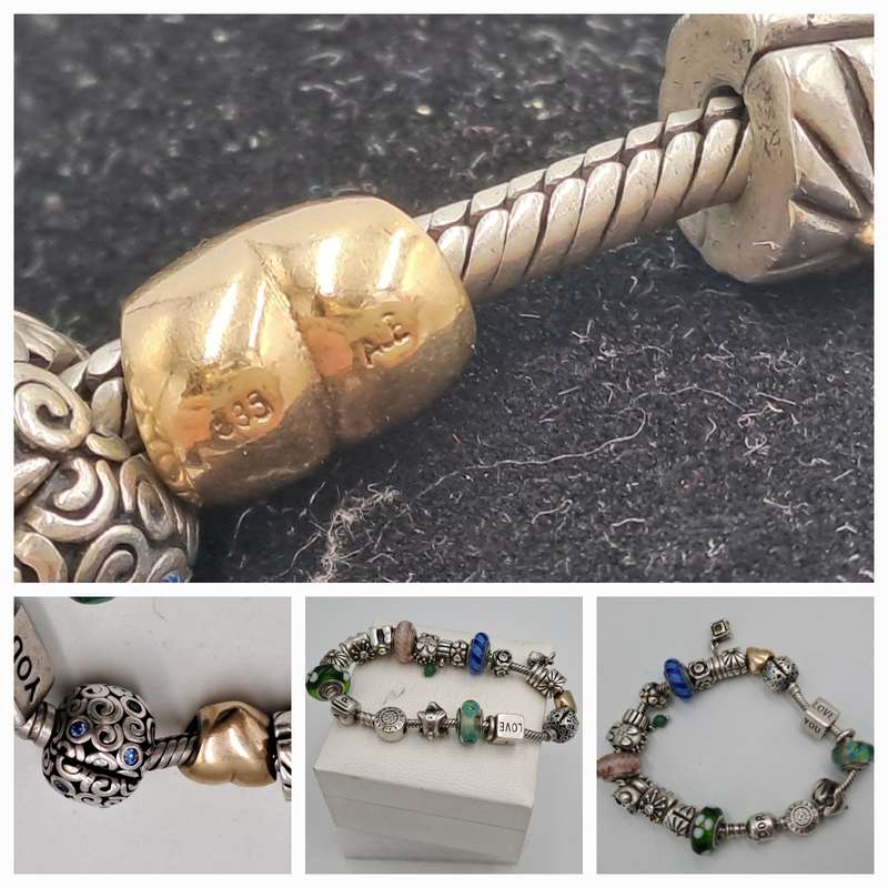 Pandora Charm Bracelet with 18 Charms  Sterling Silver and Gold- 1 Gold Heart and 1 Silver with Gold