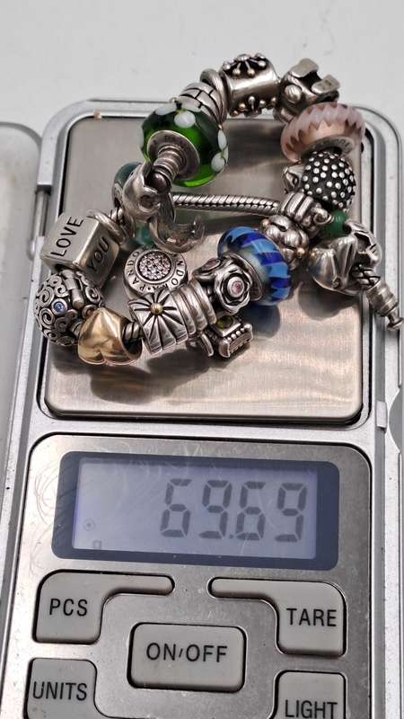 Pandora Charm Bracelet with 18 Charms  Sterling Silver and Gold- 1 Gold Heart and 1 Silver with Gold