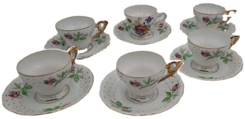 17 Pc Porcelain Teaset  Rose design - 1 cup was replaced with a different Pattern-Small Set