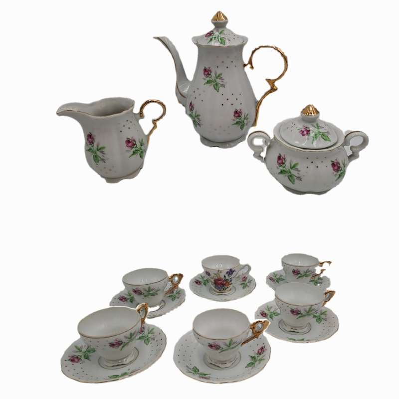 17 Pc Porcelain Teaset  Rose design - 1 cup was replaced with a different Pattern-Small Set