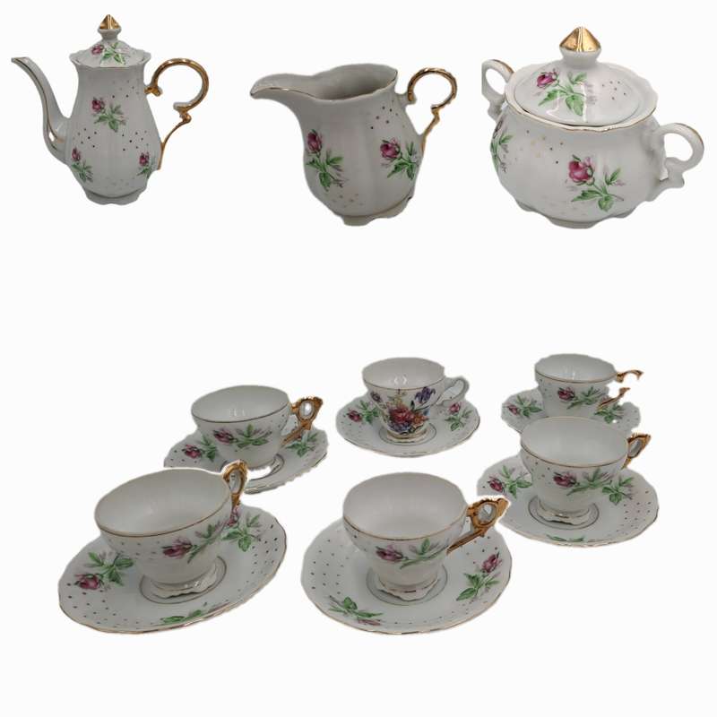 17 Pc Porcelain Teaset  Rose design - 1 cup was replaced with a different Pattern-Small Set