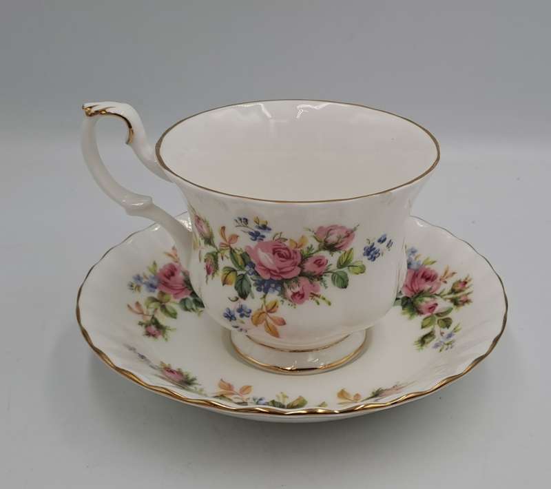 Vintage Royal Albert MOSS ROSE Tea Duo - Bone China - England-CHIPPED AND HAIRLINE CRACK
