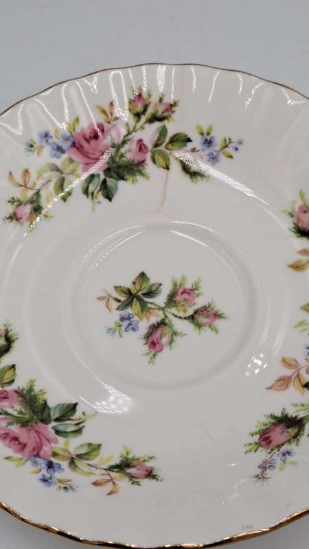 Vintage Royal Albert MOSS ROSE Tea Duo - Bone China - England-CHIPPED AND HAIRLINE CRACK