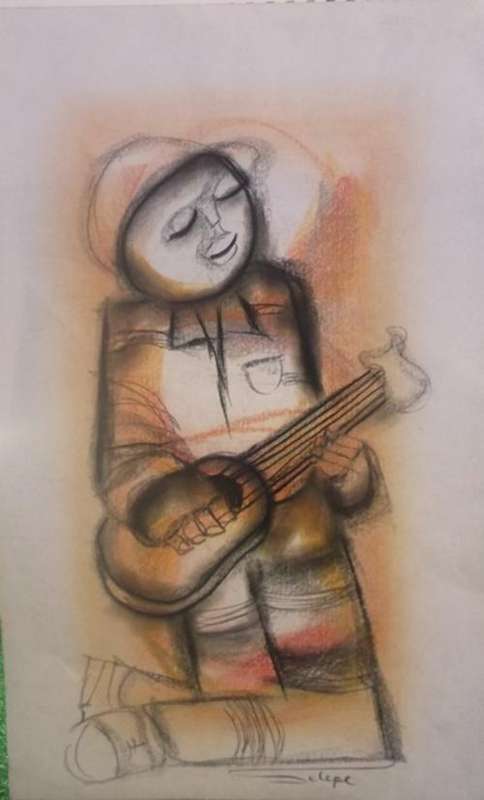 a Daniel Selepe painting (charcoal )  Guitar Player 510mm x 310mm not framed see photos