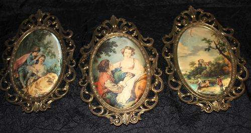 3 Beautiful Antique Brass frames Made in Italy Prints on Cloth - 555g - 215x145mm-   see all photo's