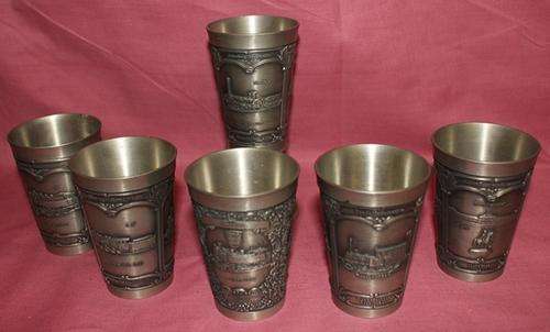 6 Highly detailed Hand crafted German Pewter Gobblets with Locomotive Motifs  -see more