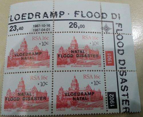 4 x 1987 RSA 16c +10c Natal Flood Disaster Stamps on sheet as in photo