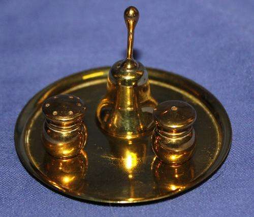 Tiny miniture Printers tray ornament-Tray with salt and peppar and dinner bell- Tray is 6cm  (postag