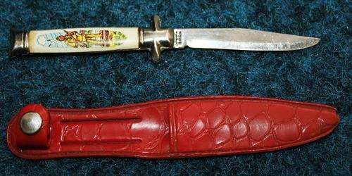 a Vintage Small Dagger 145mm Mother of Pearl Handle Inscription Eeosin D.B.G.M? in pouch