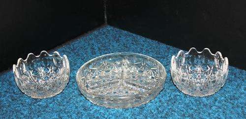 3 pc Cut  Glass serving set-  Tray 183x40mm  and  2 Bowls 70mm x 115mm