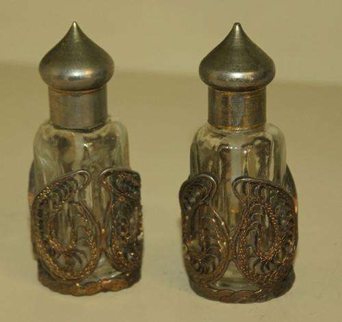 Pair of  Vintage Perfume Bottols with Metal caps and decoration 85mm