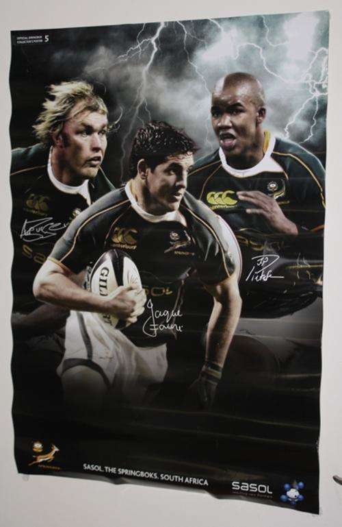Large Official Springbok Rugby poster no 5 -Scalk Burger ,JP Pietersen and Jarques Fourie 830mmx577m