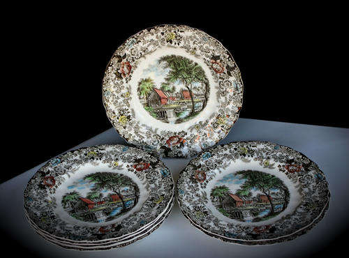 Vintage Johnson Bros "Mill Stream" genuine Hand Engraved Porcelain -7 Large plates -256mm- 2 chipped