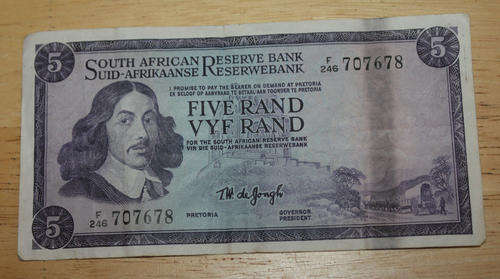 Old South Africa R5 Note T.W de Jongh -F246 707678-Circulated