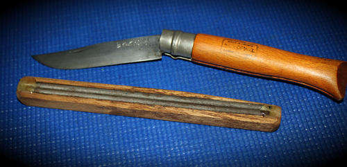 Large Vintage French Opinel Folding Knife with vintage knife shapener