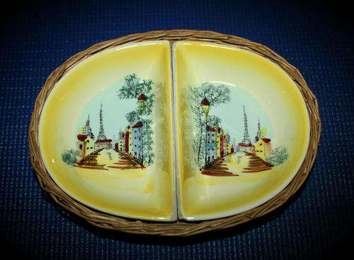 Vintage Hand Painted split serving tray in Bamboo Basket -unidentified makers mark-218x163x50mm