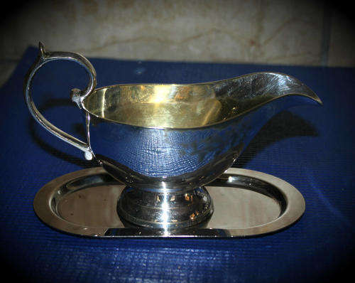 Vintage Silver Plated (over Brass) Gravy Boat with tray- Plating coming off