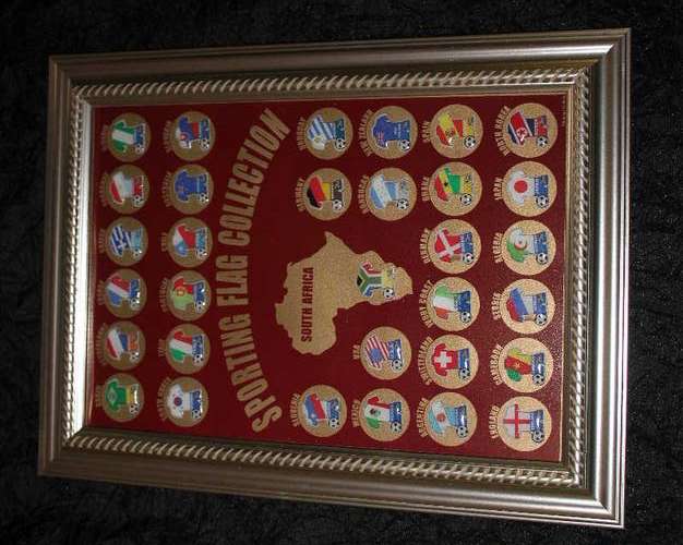 Framed pin Portrait: Soccer world Cup 2010 South Africa (31 pins) 355mm X 265mm (New) as in Photo
