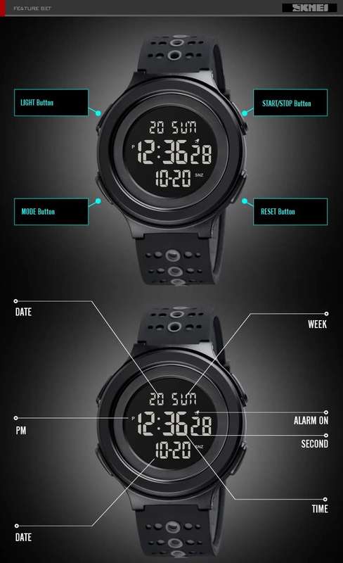 Quality, 50mWaterproof, Large Clear Digits, Genuine Silicone Strap , Dual Time, Luminous night-light
