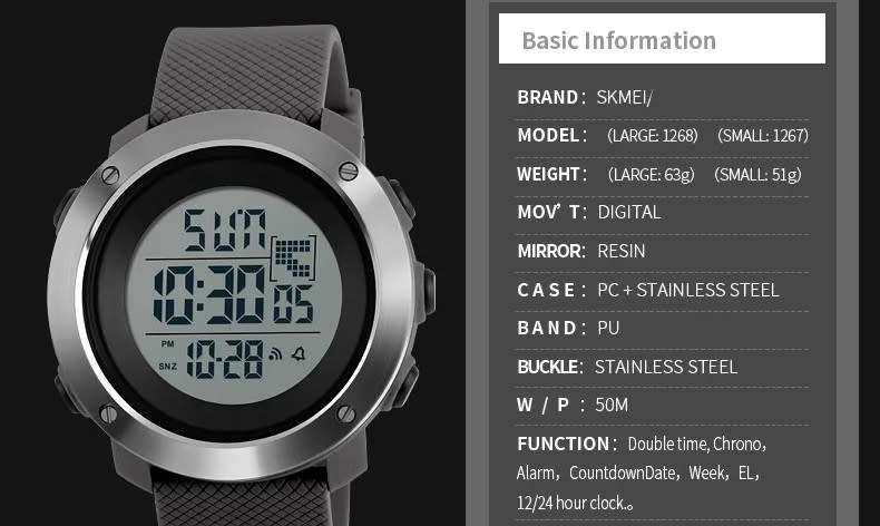 50m Waterproof Skmei Stainless Bezel, Digital Full Function, Dual Time Chronograph .