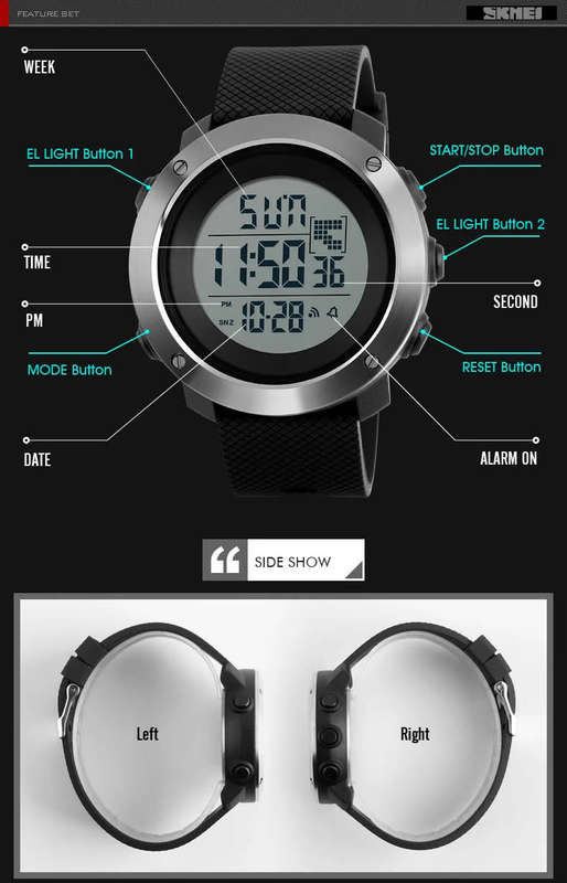 50m Waterproof Skmei Stainless Bezel, Digital Full Function, Dual Time Chronograph .