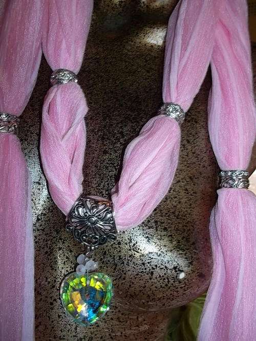 Brand New! Baby Pink Scarf with Shiny Heart Pendant & Rose Quartz.
