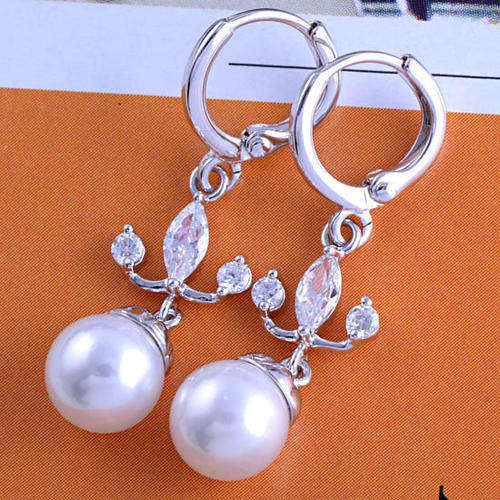 Perfect 9K White Gold Filled Pearl& CZ Dangle Earrings,Z892