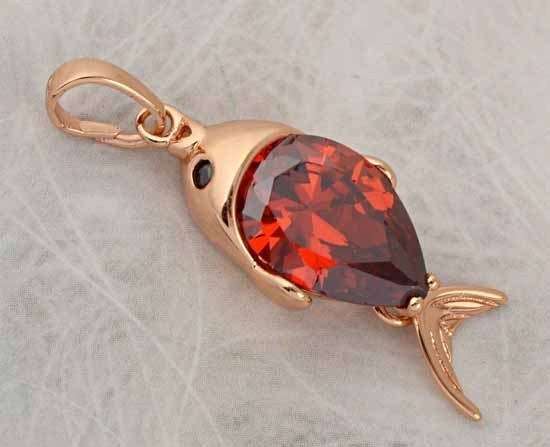 Lovely 9K Rose Gold Filled Ruby & Cubic Zirconia Fish Pendant,P179
