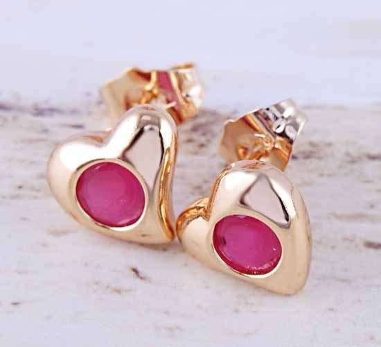 Versatile Solitaire Stud Heart Earrings 9K GF w/Ruby,E533