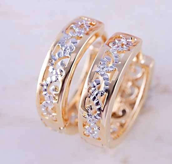 Delicate 9K GF 2-Tone Openwork Huggie Hoop Earrings,E549
